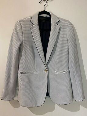 Ann Taylor White and Navy Striped Single-Button Blazer